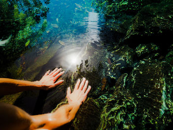 High angle view of hands swimming in sea