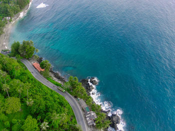 High angle view of the coastal city and forest