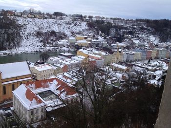 Snow covered buildings against sky