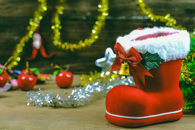 Close-up of christmas decoration on table