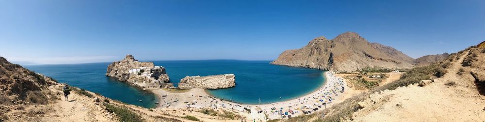 Panoramic view of sea and rocks against clear blue sky