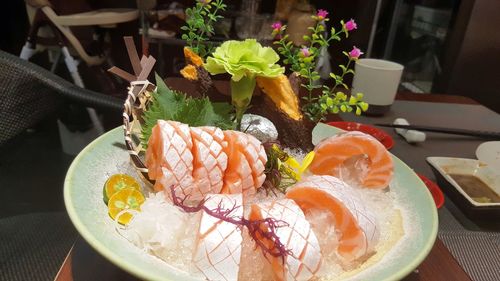 High angle view of sushi served on table