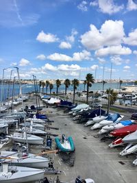High angle view of boats moored at harbor