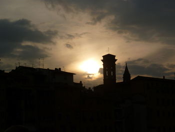 Buildings against sky at sunset