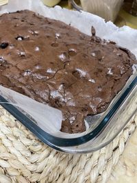 High angle view of chocolate cake on table