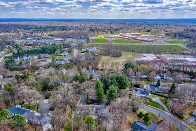 High angle view of trees and buildings in city