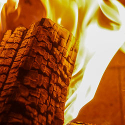 Close-up of burning log in fireplace with leaping flame