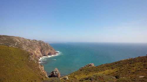 Scenic view of sea against blue sky