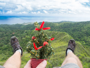 Low section of person with christmas tree on rock against sky