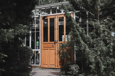 Exterior of house amidst trees and plants in forest