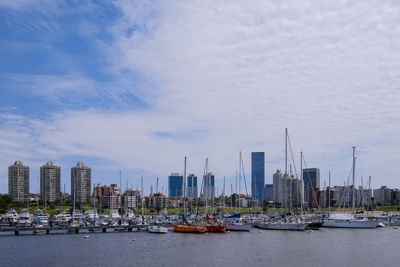 Sailboats moored in harbor against buildings in city