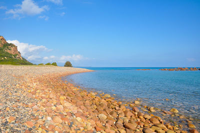 Scenic view of beach against blue sky