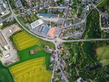 High angle view of road amidst buildings in city