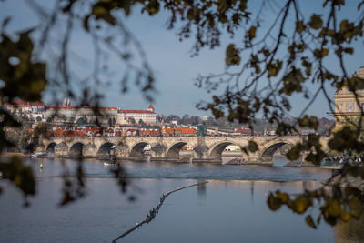 Arch bridge over river against sky