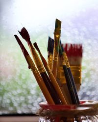 Close-up of colored pencils on table