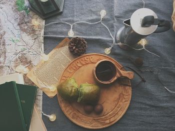 High angle view of drink in bowl on table
