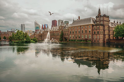 Hofvijver lake with the binnenhof building in the hague. important political center in netherlands.