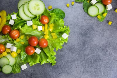 High angle view of chopped fruits and vegetables