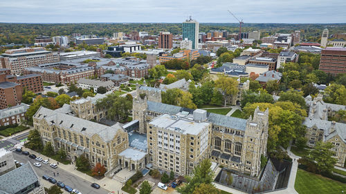 High angle view of buildings in city