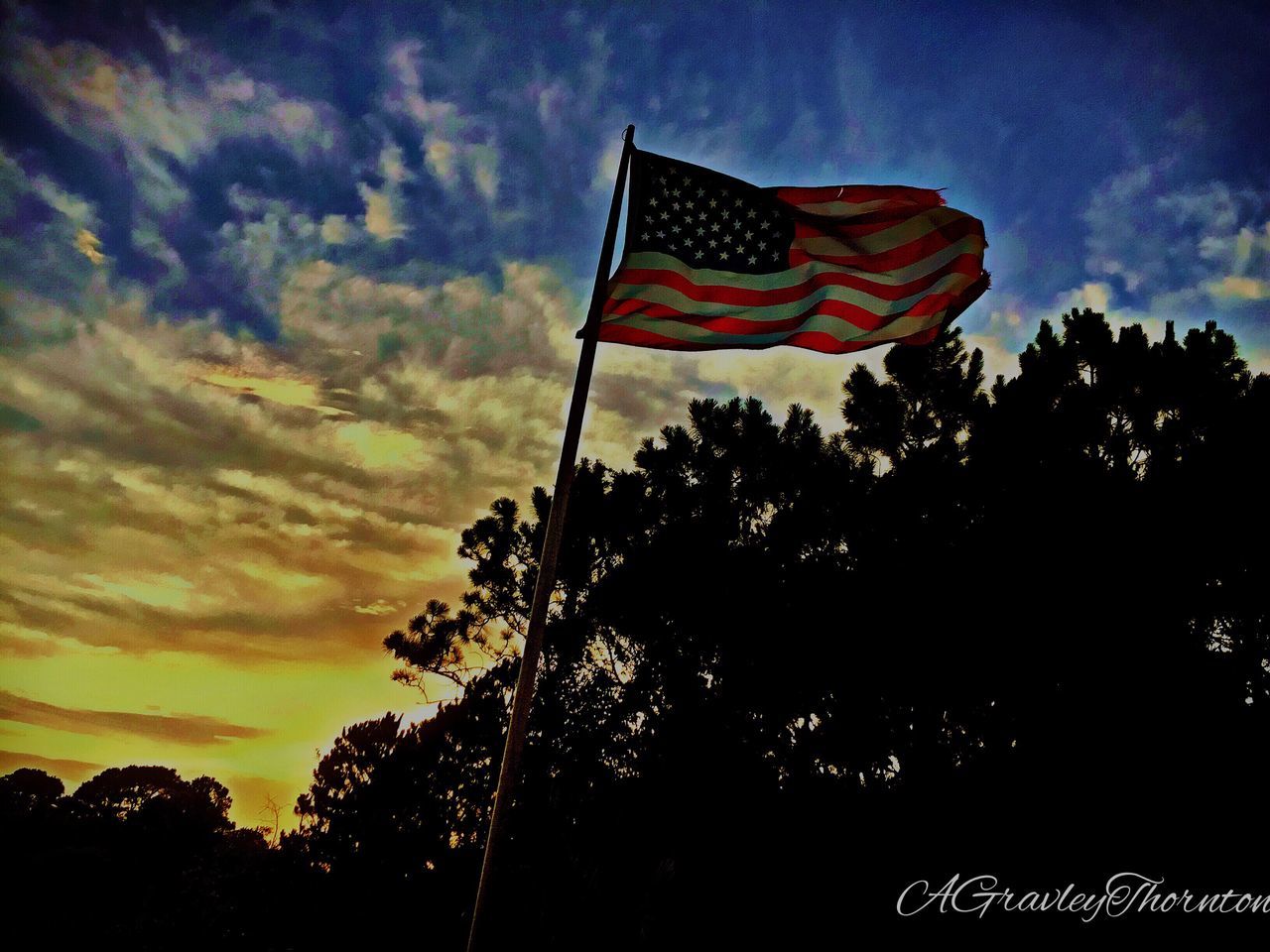 sky, low angle view, tree, silhouette, cloud - sky, flag, beauty in nature, tranquility, cloud, red, nature, identity, patriotism, tranquil scene, scenics, national flag, sunset, cloudy, growth, outdoors