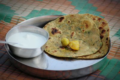 Close-up of bread in plate on table