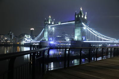 Illuminated bridge over river at night