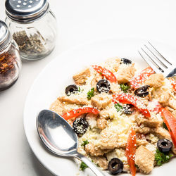 High angle view of food in plate on table