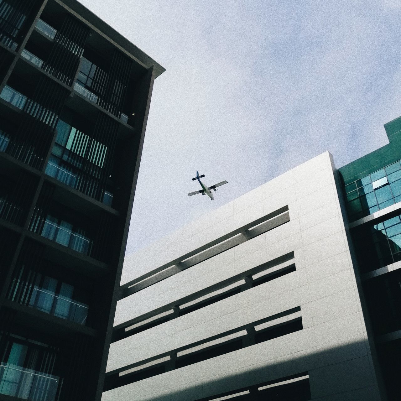 LOW ANGLE VIEW OF AIRPLANE FLYING IN CITY AGAINST SKY