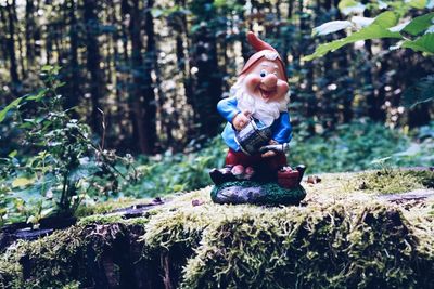 Boy sitting on tree trunk in forest