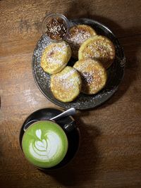 High angle view of dessert on table