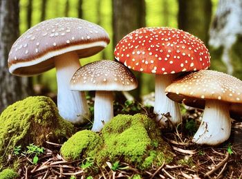 Close up of wild mushrooms and fungi growing in a forest