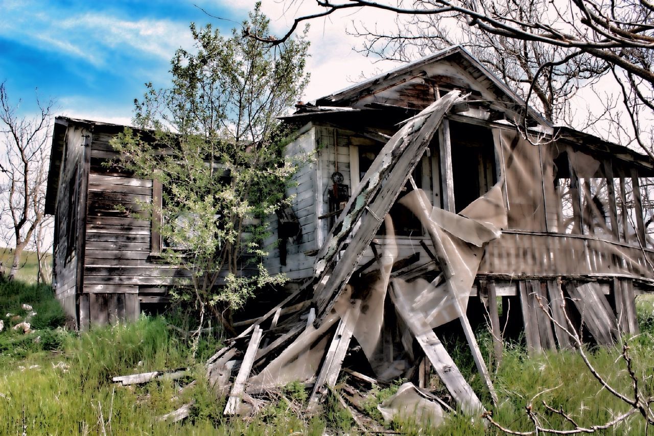 abandoned, damaged, obsolete, old, built structure, deterioration, run-down, architecture, wood - material, building exterior, weathered, house, bad condition, grass, sky, tree, field, barn, wood, ruined