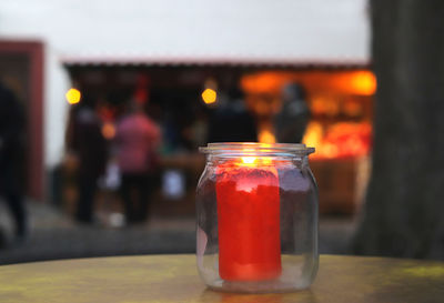 Close-up of glass of jar on table at restaurant