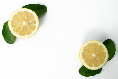 High angle view of lemon slice against white background