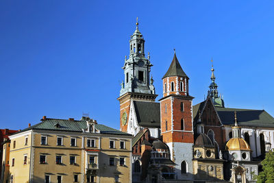 Low angle view of cathedral against clear blue sky