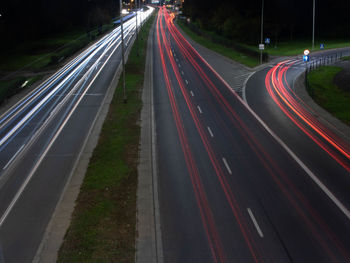 High angle view of light trails on highway