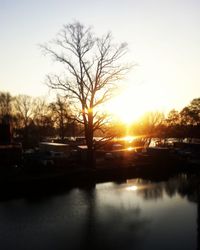 Silhouette bare trees by lake against sky during sunset