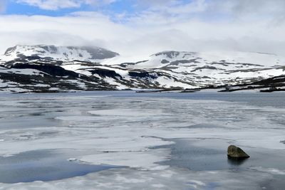 Scenic view of snow covered mountains