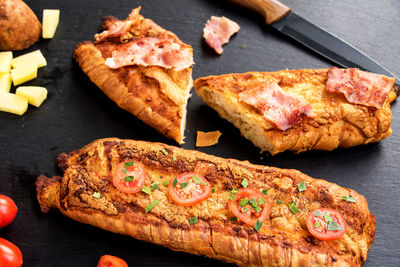 High angle view of food on cutting board