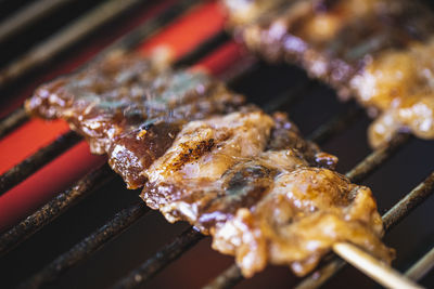 Close-up of meat on barbecue grill