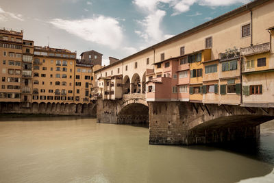 Bridge over river by buildings in city against sky