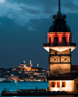 The maidens tower at blue hour on the bosphorus in istanbul, turkey.