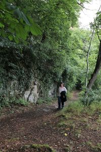 Rear view of man walking in forest