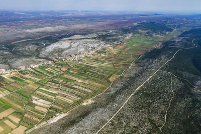 Aerial view of fertile fields in zadar region near adriatic coast