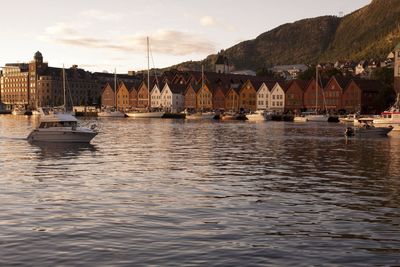 Boats in harbor with buildings in background