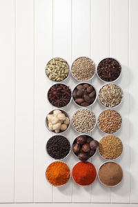 Directly above shot of various spices in bowl on table