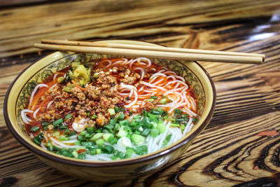 Close-up of soup in bowl on table