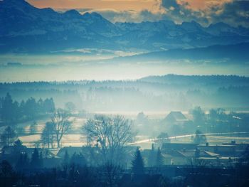 Scenic view of landscape during foggy weather