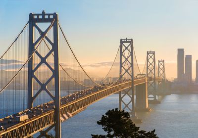 View of suspension bridge at sunset