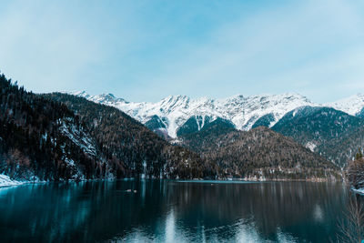 Scenic view of lake and snowcapped mountains against sky